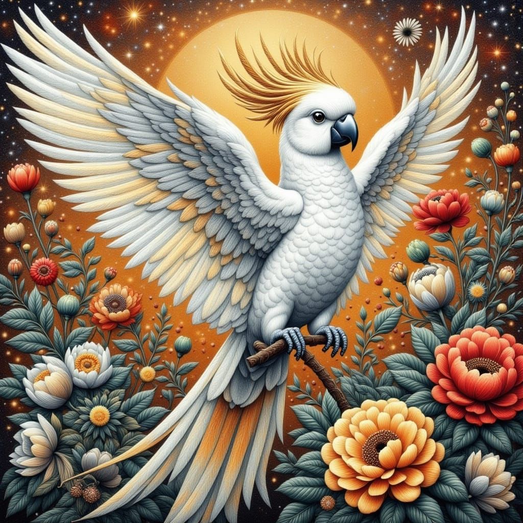 Macaw Parrot with Floral Background in Pointillism Style