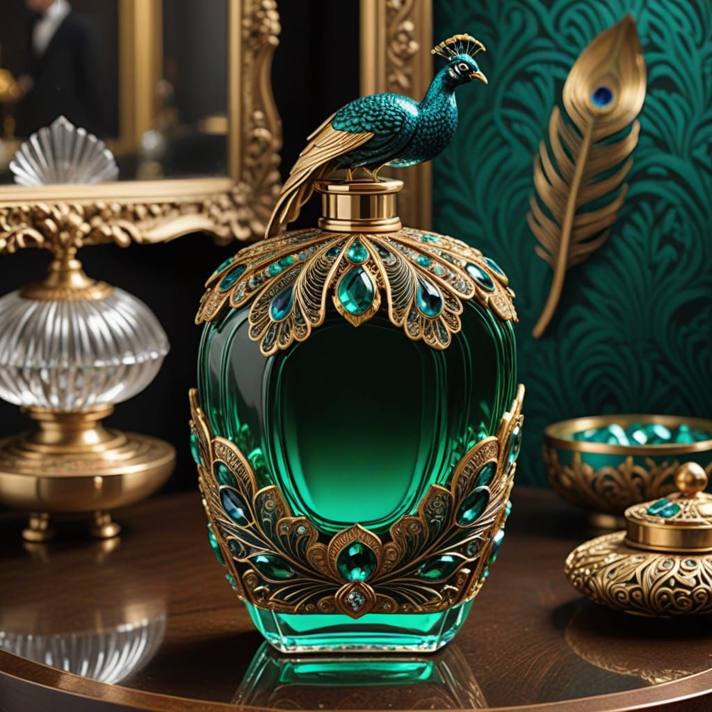 Elegant Art Deco Perfume Bottle with Emerald Glass and Gold ...