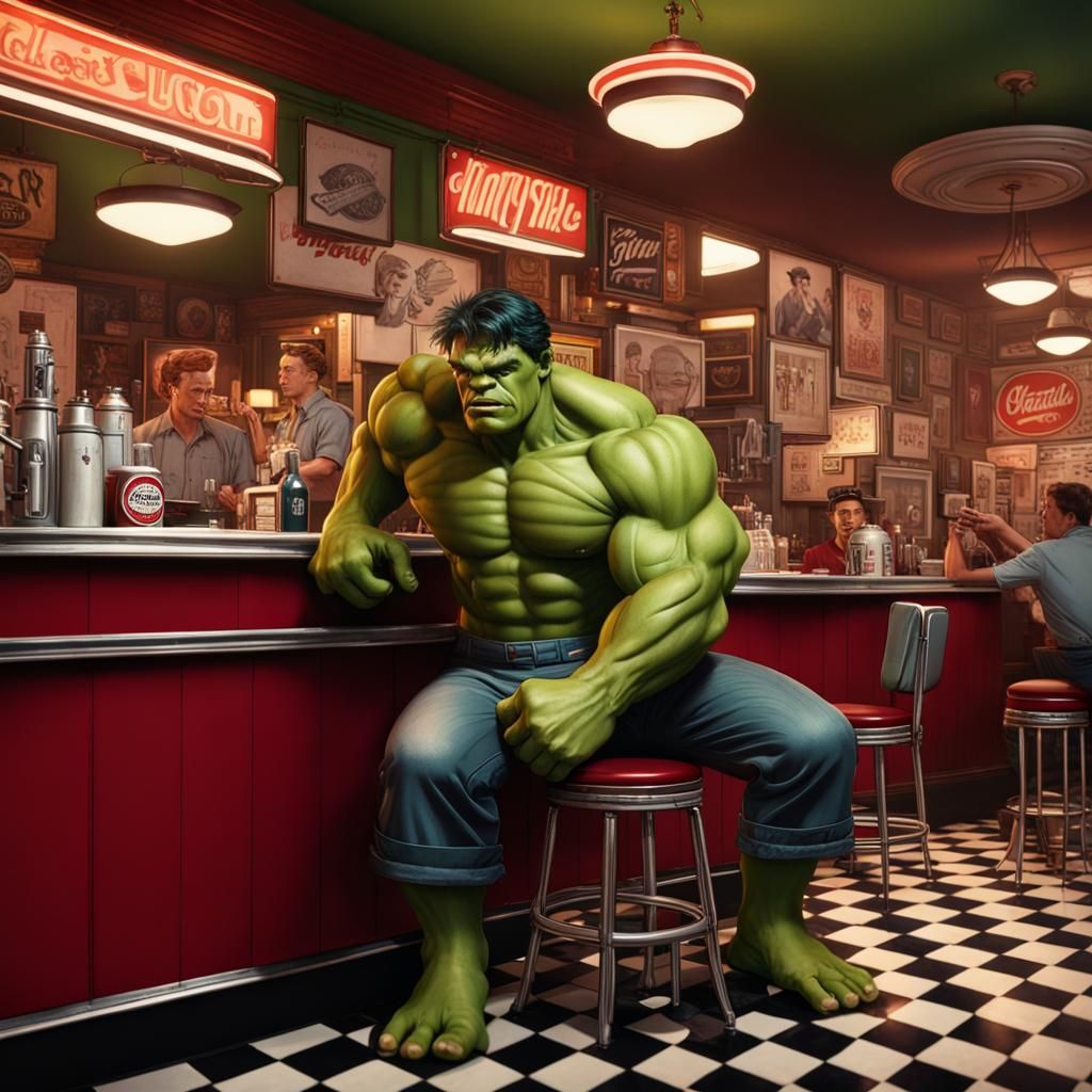 Hulk in Fifties Soda Shop, Rockwell Style