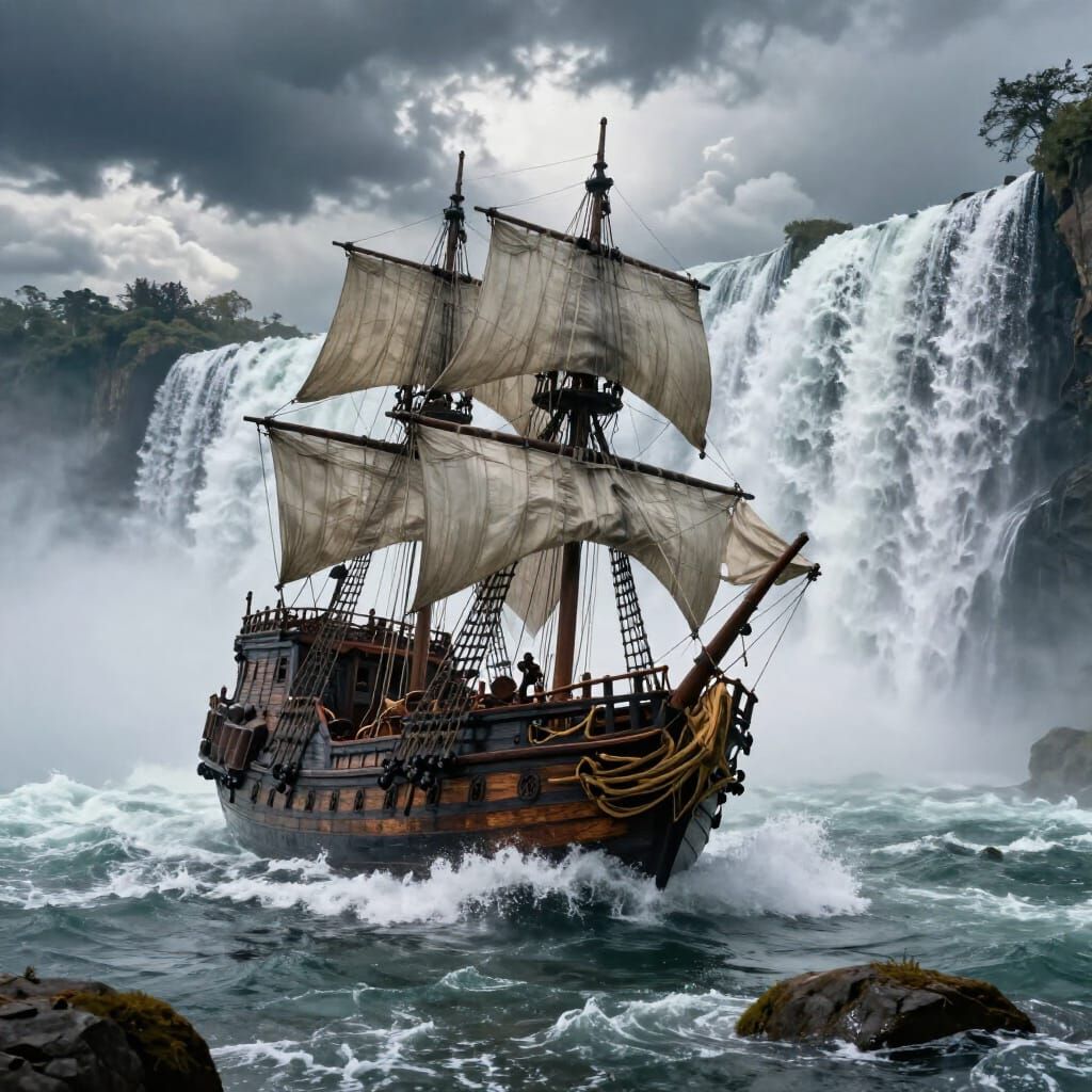 Hyperrealistic Pirate Ship Navigates Thundering Waterfall