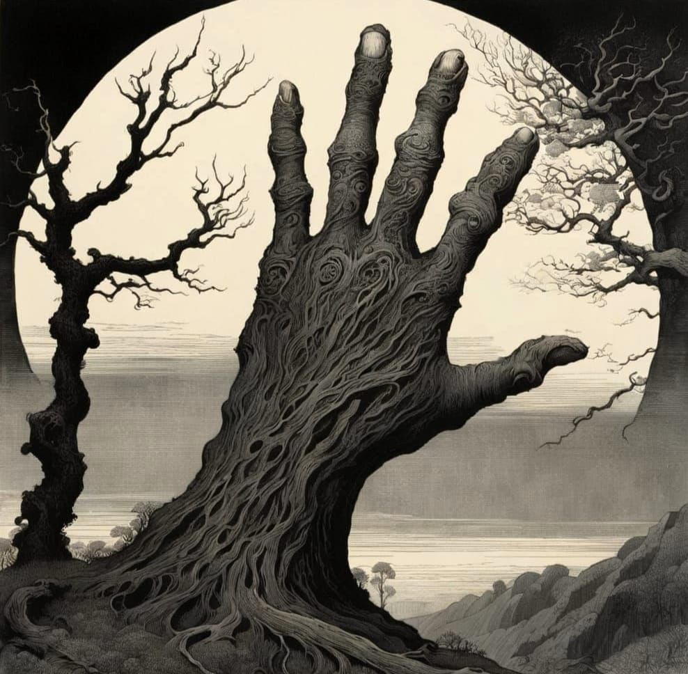 Giant Gnarled Hand Grasping Moonlight in Etched Linework