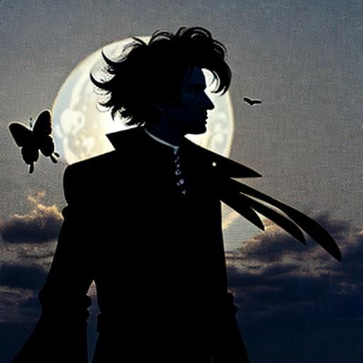 Surreal Silhouette: Man with Scissor Hands and Butterflies