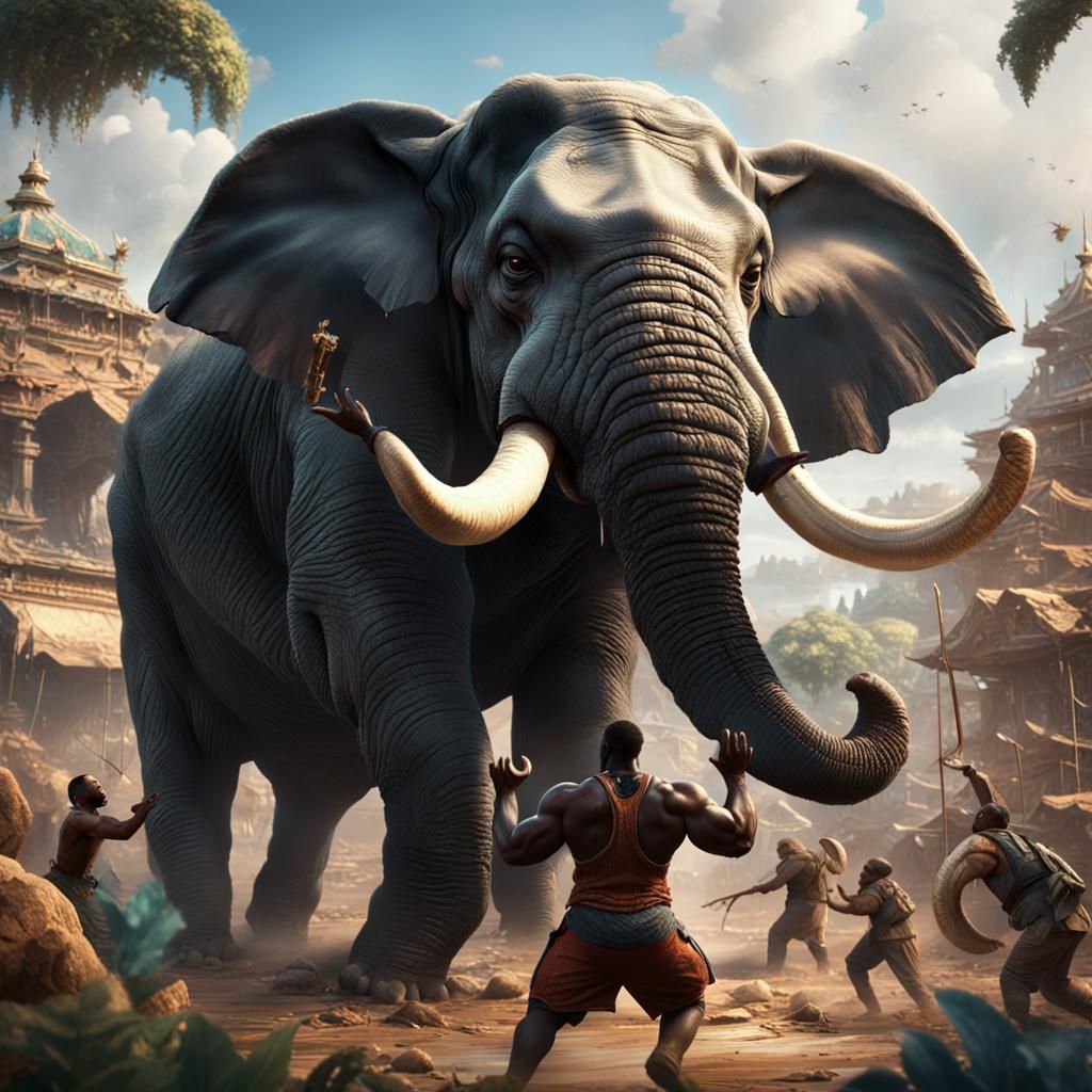 Muscular Man Wrestling Elephant: Fantasy Concept Art