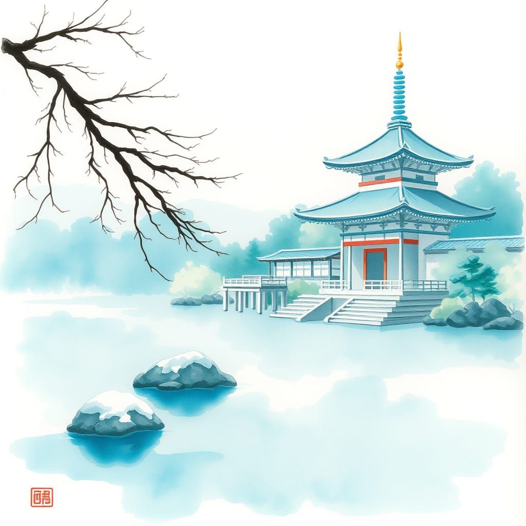 Serene Turquoise Temple in Japanese Watercolor Style