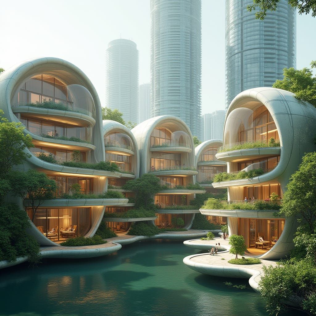 Semi-Circular Futuristic Buildings in Organic Style with Lus...