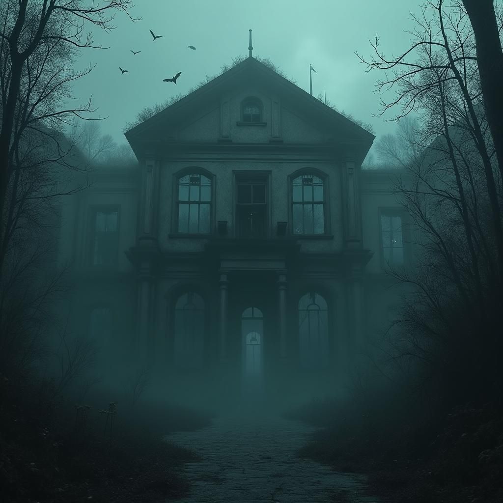 Abandoned Asylum in Eerie Fog: Dark Fantasy Art