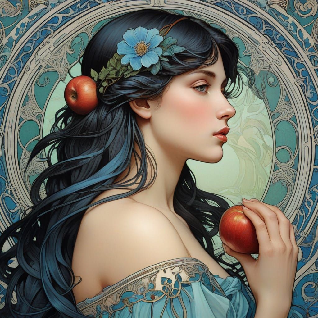 Art Nouveau Aphrodite Contemplates an Apple in Painterly Sty...