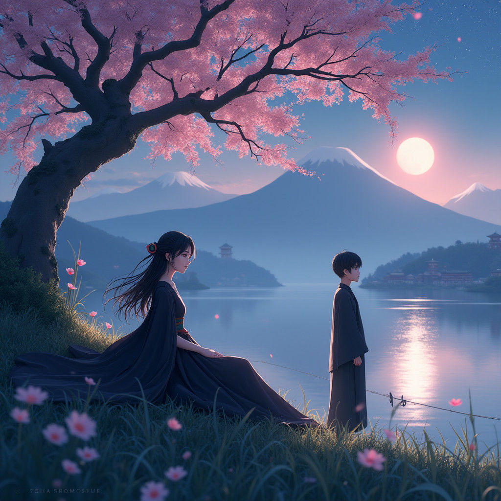 Raven-Haired Girl Under Sakura Tree with Temples