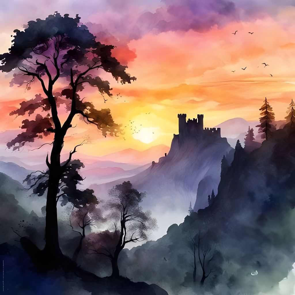 Watercolor Sunset Over Castle Crag Silhouettes