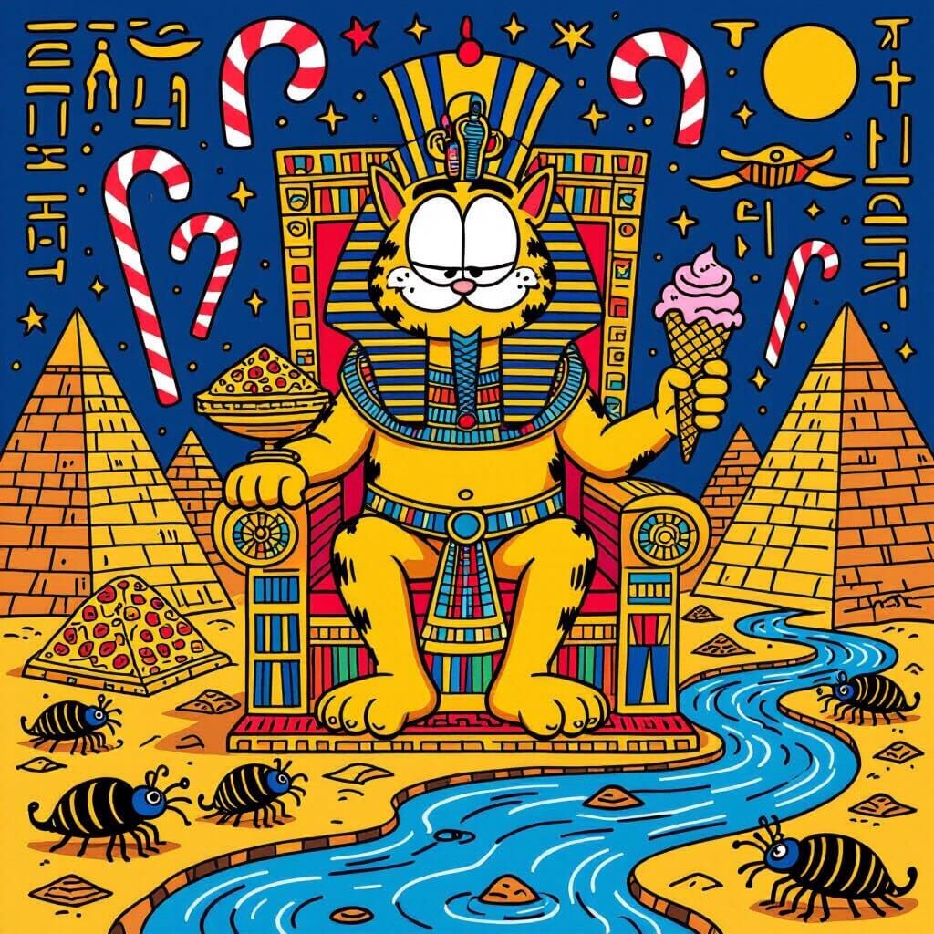 Garfield Pharaoh in Ancient Egypt, Colorful Pop Art