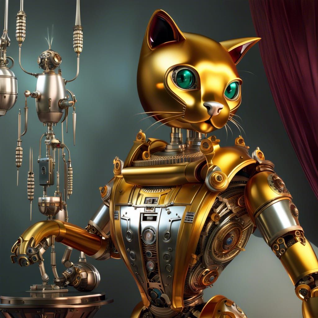 Whimsical Robotic Cat: Elaborate Metal Droid Feline