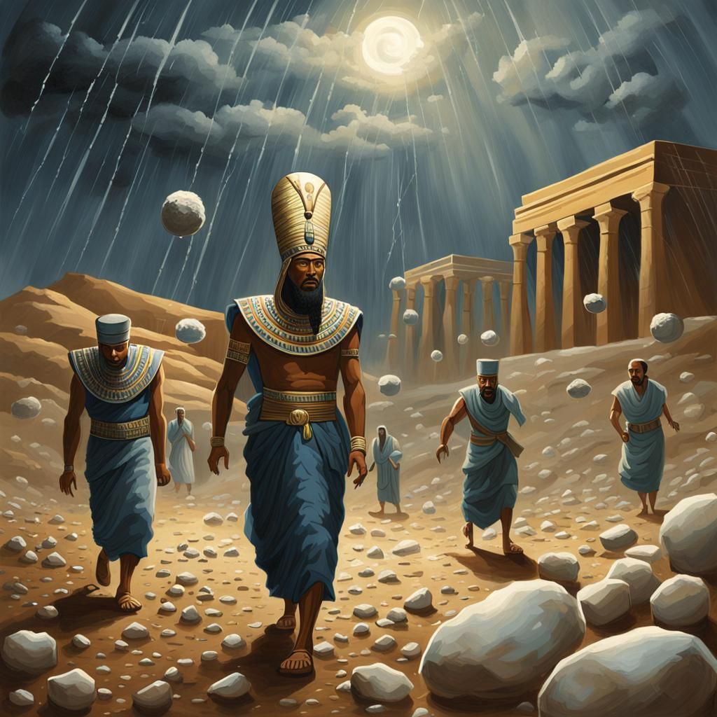 Surreal Hailstorm in Ancient Egypt Painting
