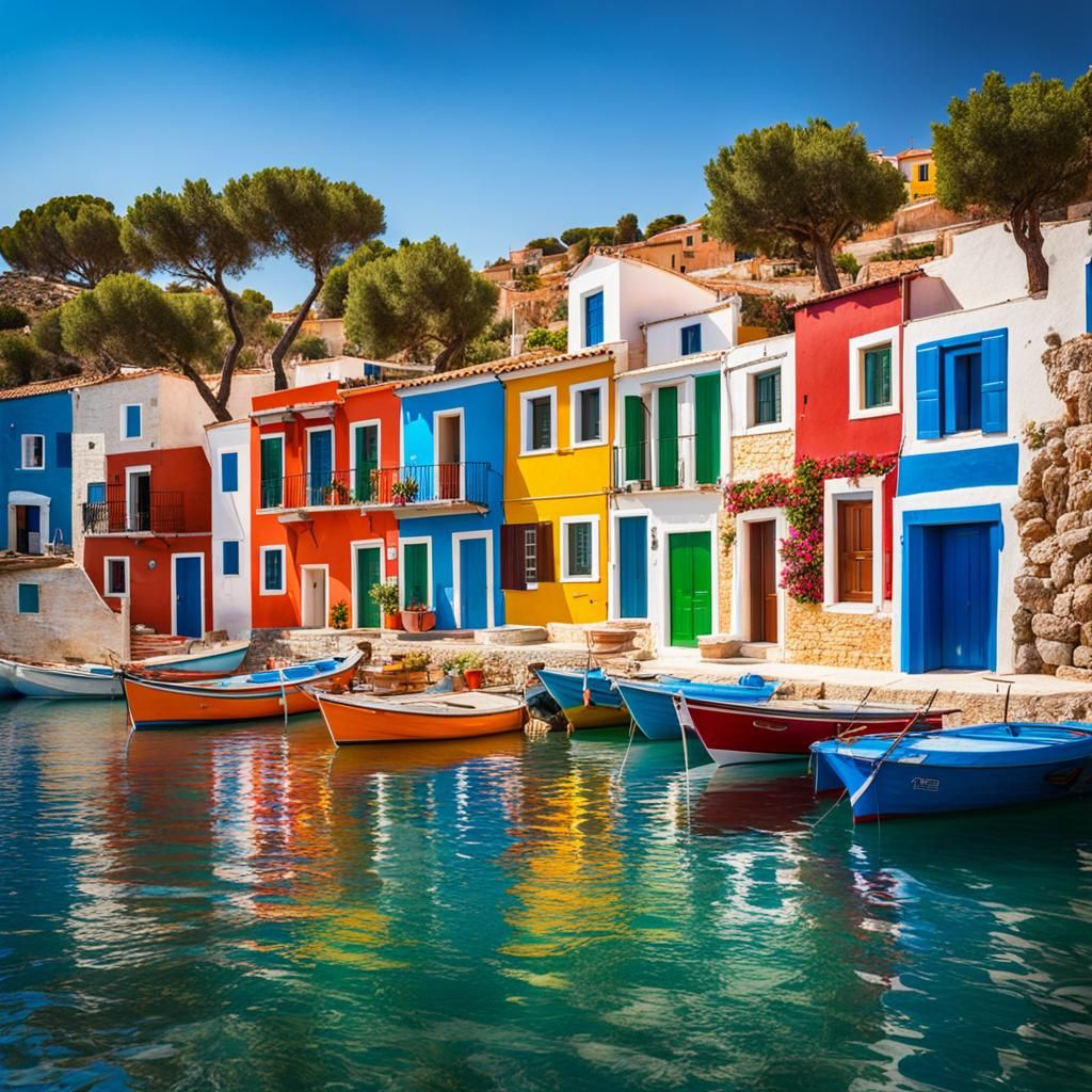 Picturesque Greek Harbor Village Seascape