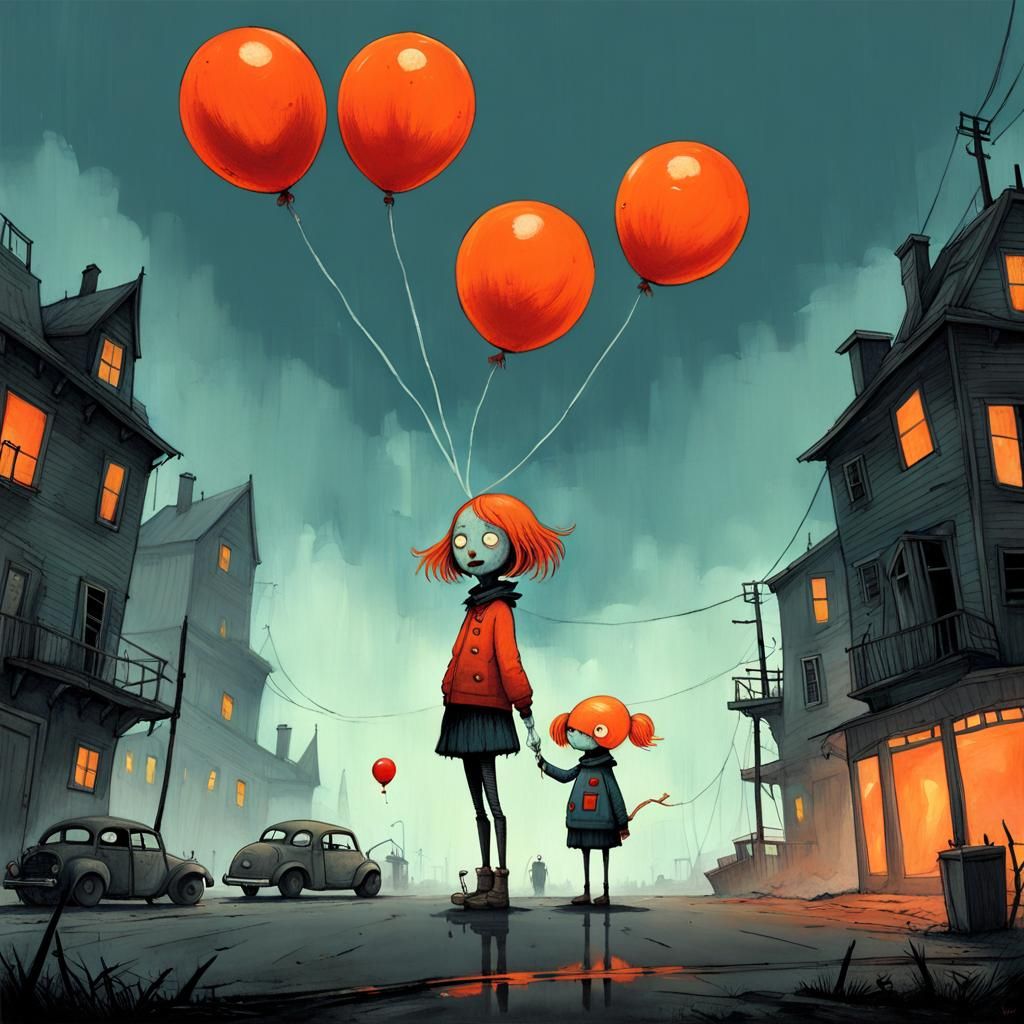 A painting of a girl with her crazy balloon friends, holding a red balloons, by Ben Templesmith, tumblr, beholder, stale...
