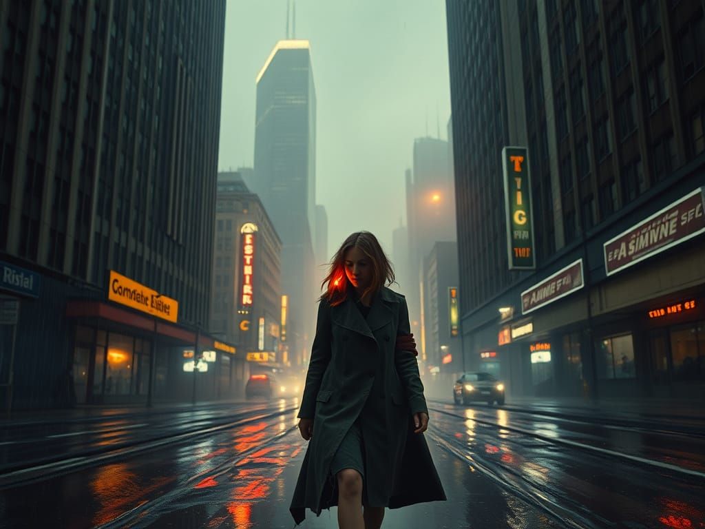Retro-Futuristic Woman in Desolate Cityscape