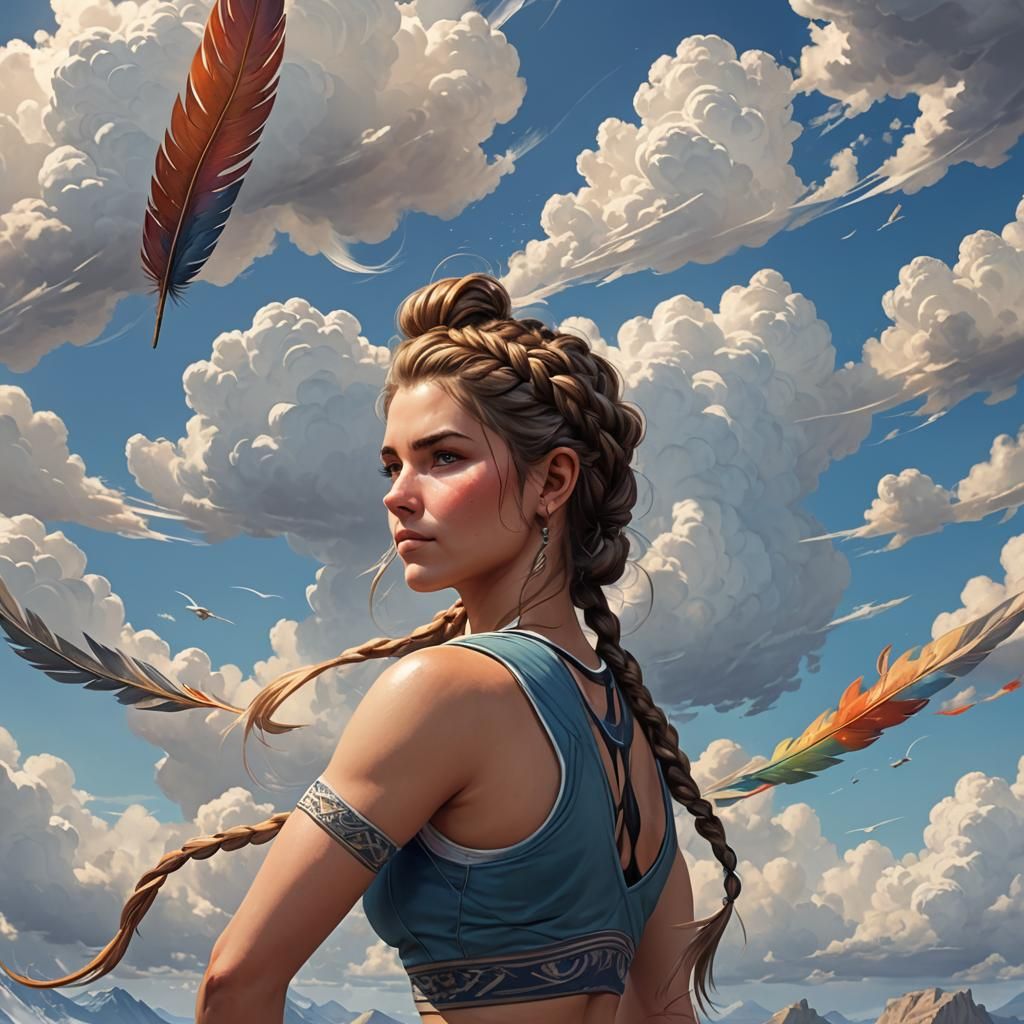 Woman Sky Surfing in Clouds: Detailed Portrait
