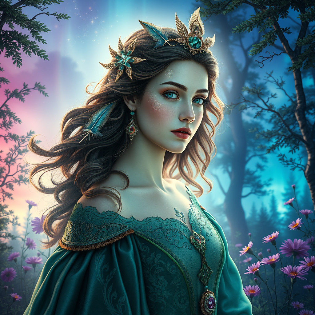 Ethereal Woman in Aurora-Inspired Forest, Hyper-Realistic