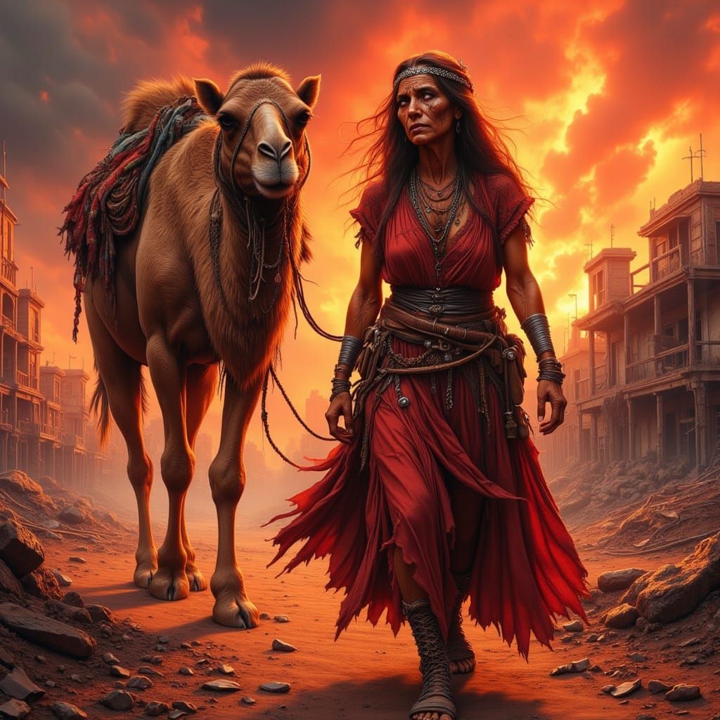 Bedouin Woman and Camel Walk Away From Burning Town