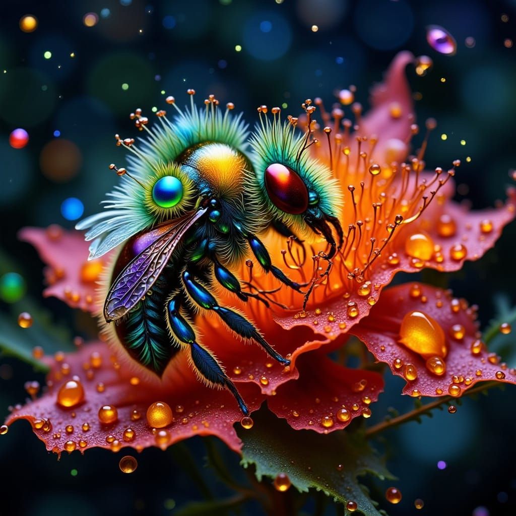 Cartoon Bee Sleeping Under Starry Sky as Alcohol Ink Art