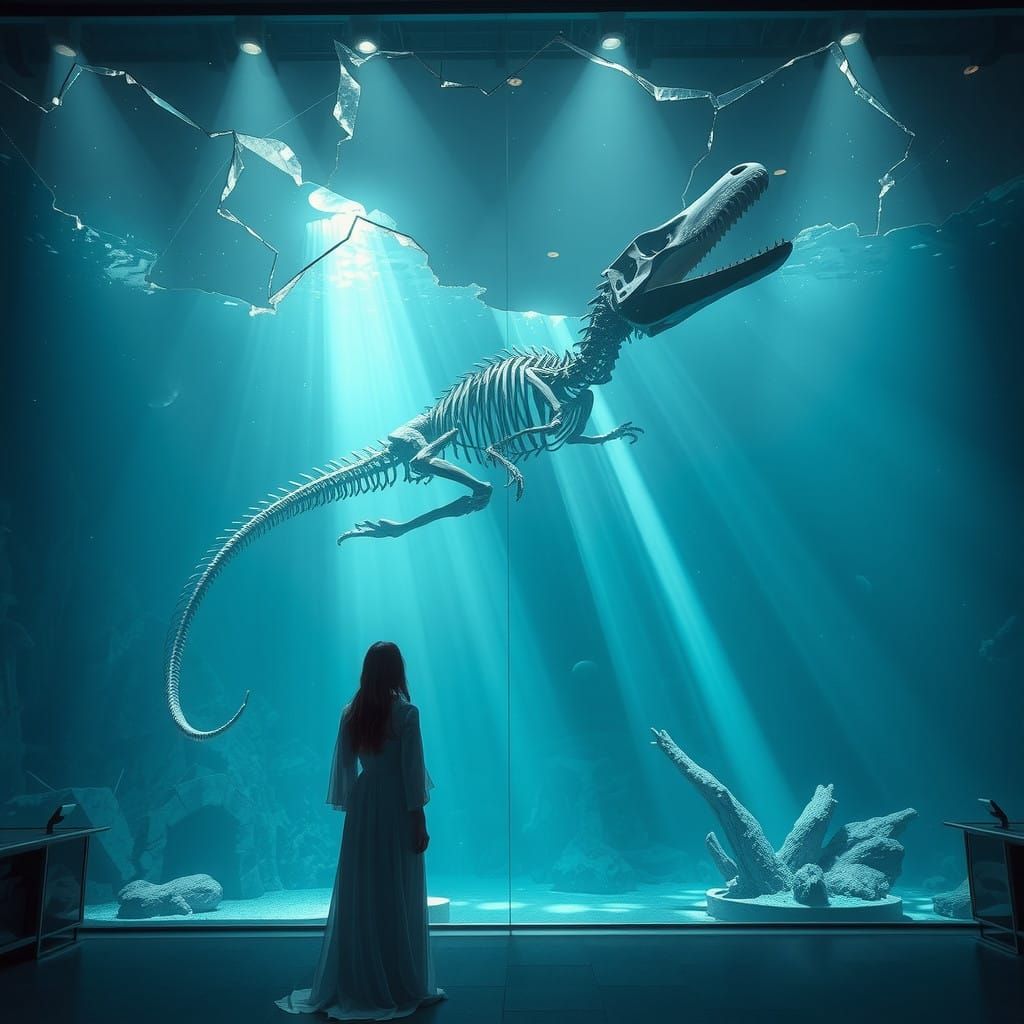 Ethereal Plesiosaurus Emerges from the Depths in a Dreamlike...