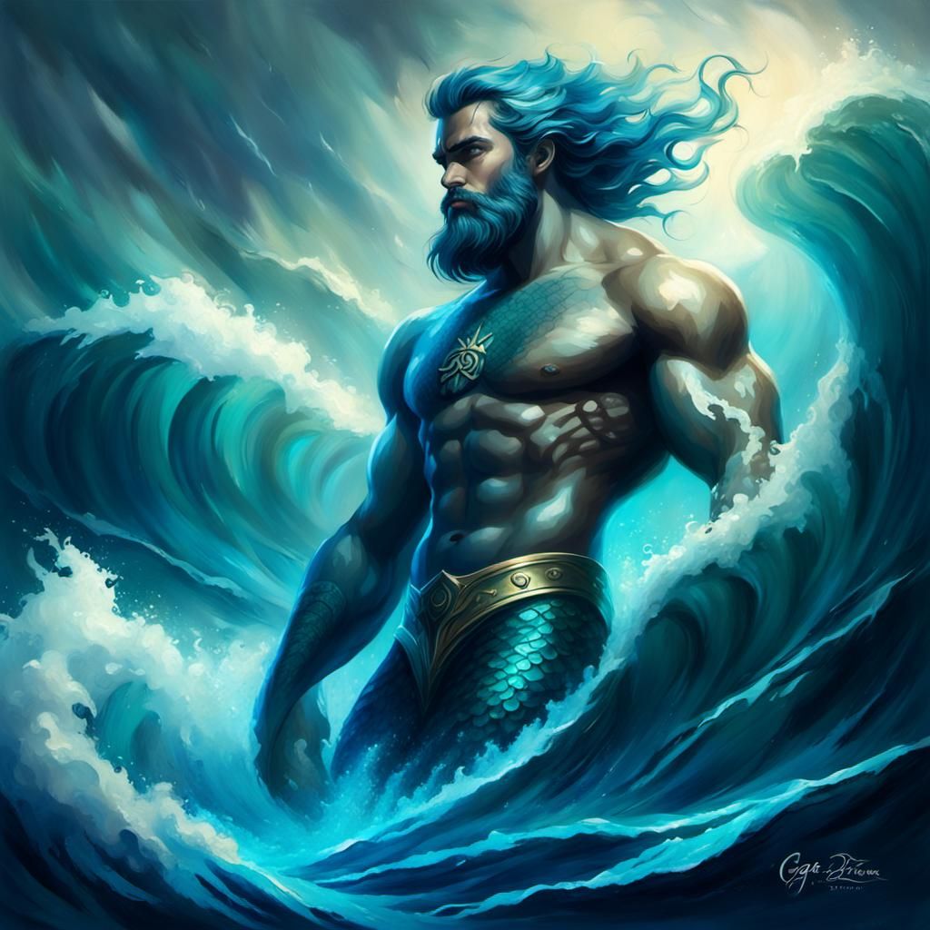 Mystical Merman God Rising: Vintage Oil Painting