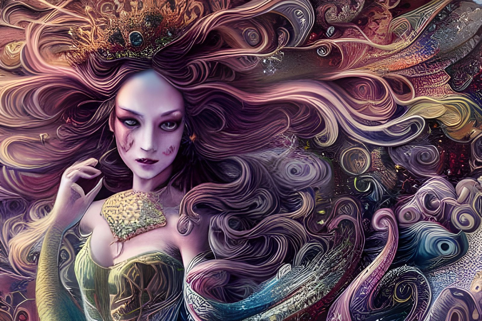 Enigmatic Princess with Elaborate Hair, Hyperdetailed Art