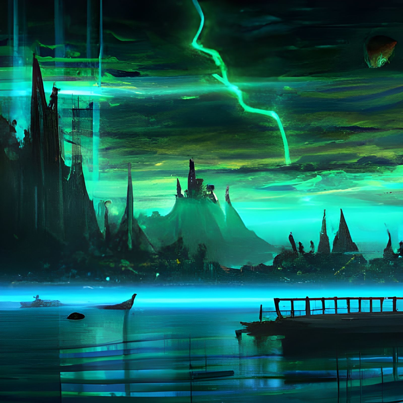 Aurora Lights a Divine City by the Deep Green Sea