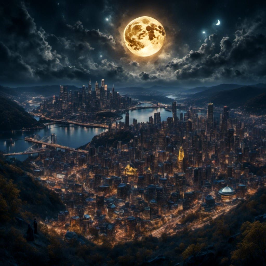 Pittsburgh Cityscape Under Moonlight in Vibrant Style