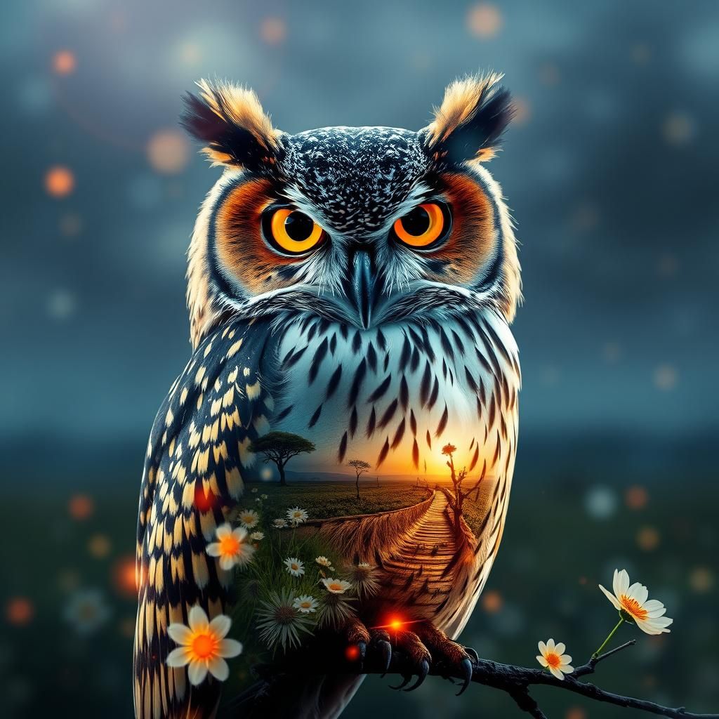 Hyperrealistic Double Exposure Owl With Savannah Scenes