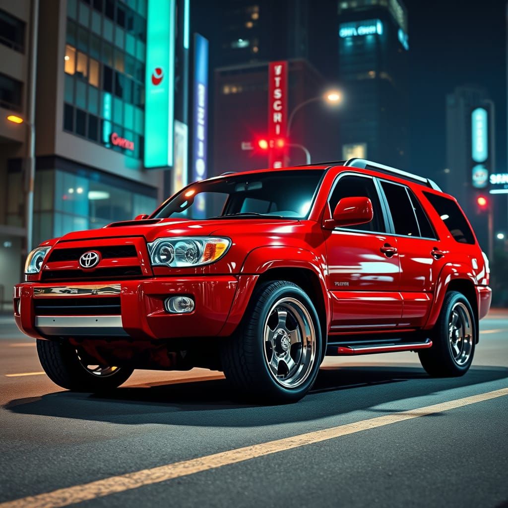 Sleek Fire Engine Red 4Runner at Night with Classic Chrome B...