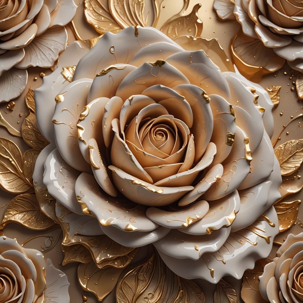Glowing Gold Ceramic Rose: Hyperrealistic Art