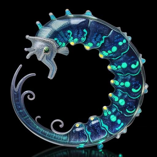 Bioluminescent Seahorse and Dragonfly with Ammonites