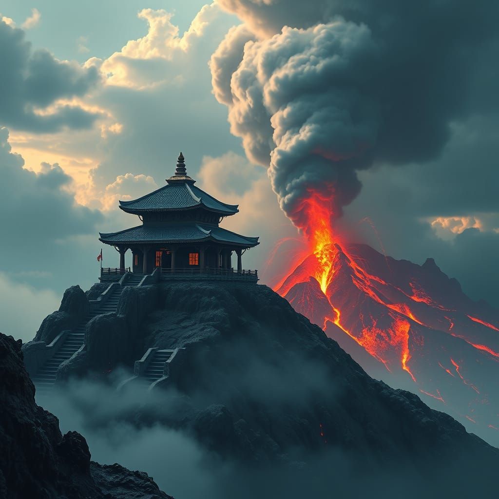 Mountaintop Temple vs Volcanic Eruption: Fantasy Concept Art