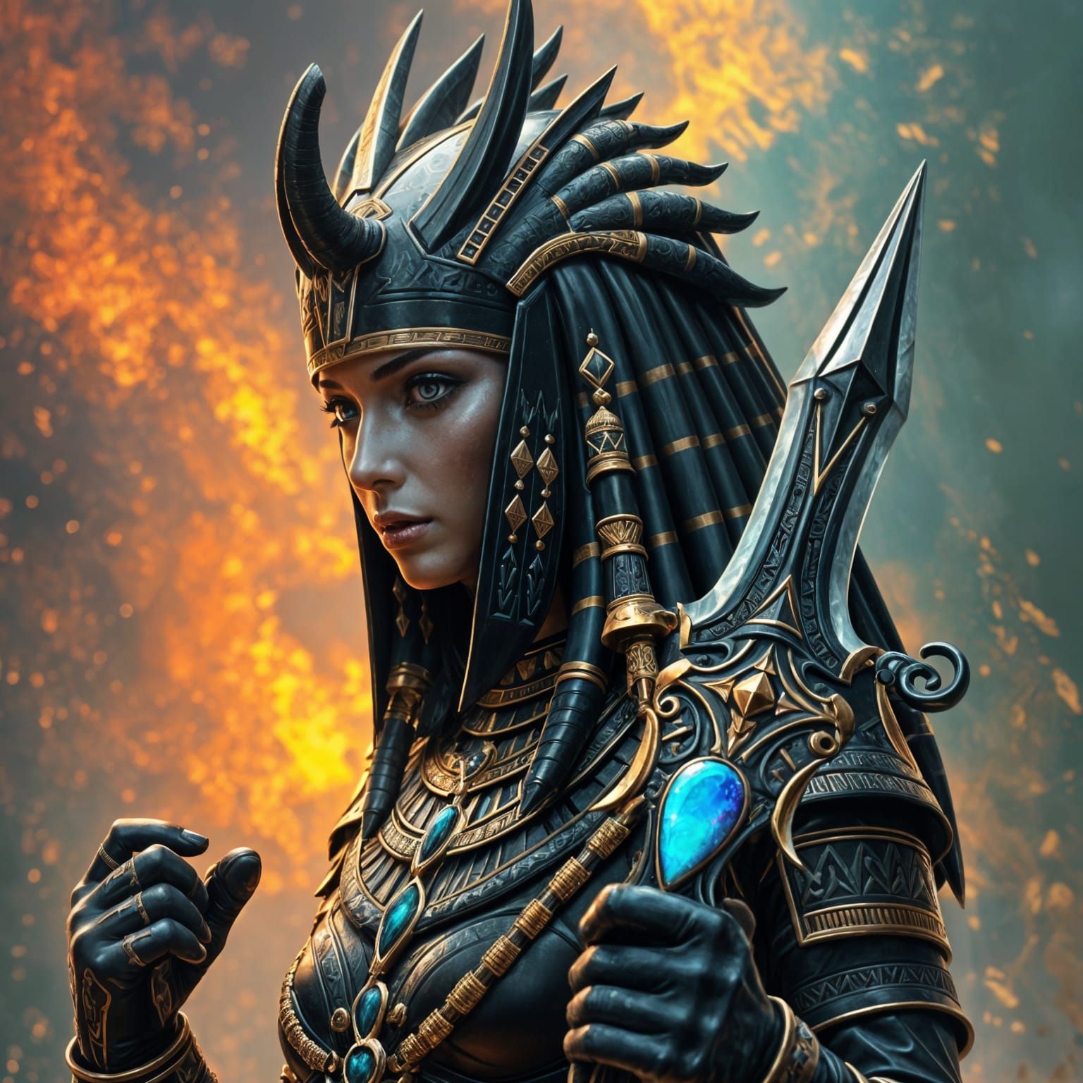 Egyptian Goddess Warrior with Anubis Headpiece
