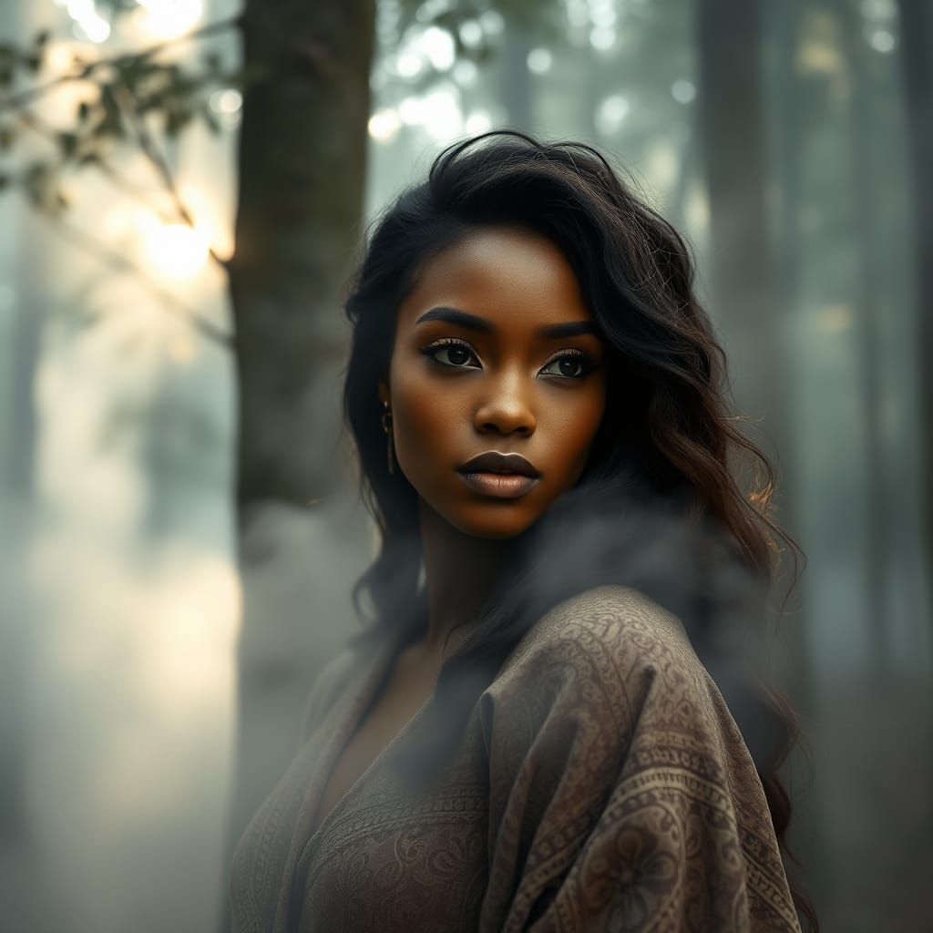 Ethereal Brown Woman in Misty Woods