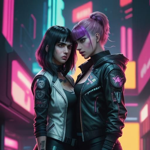Cyberpunk Women in Neon Cityscape