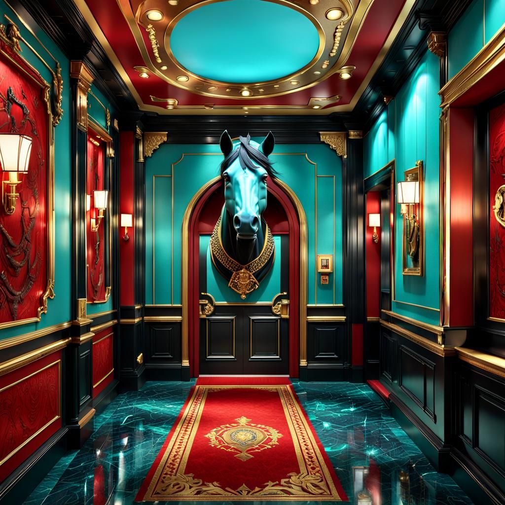 Hallway with Horse Head: Maximalist 3D Render