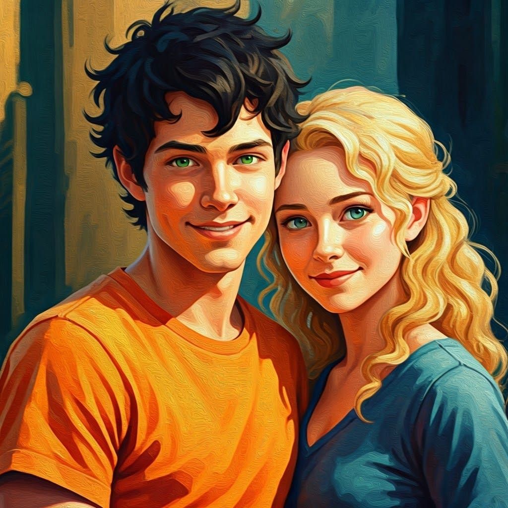 Percy Jackson and Annabeth Chase Portrait in Gouache Style