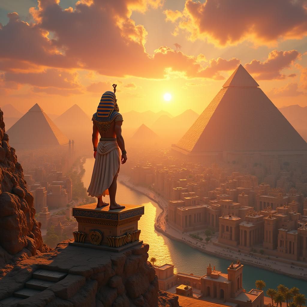 Pharaoh Tutankhamun's Dreamlike Metropolis in Golden Light