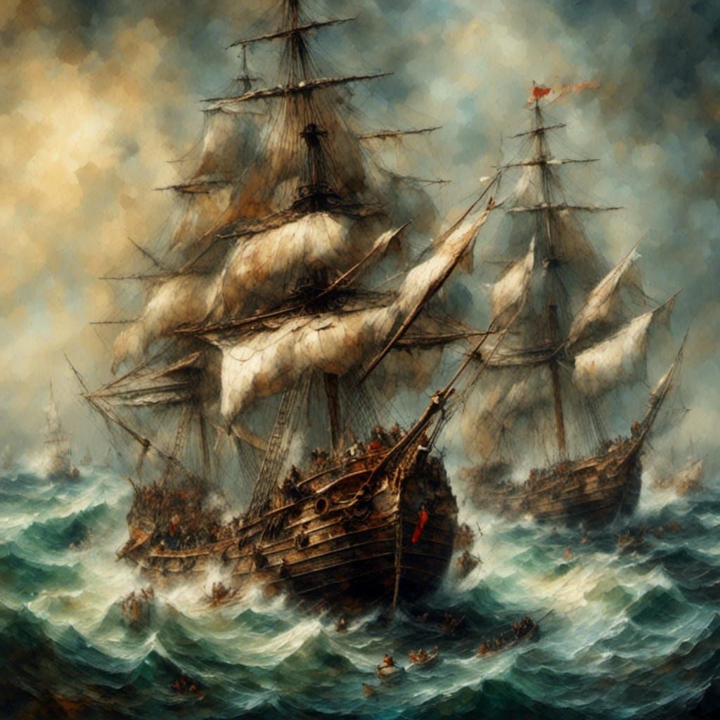 Pirate Ships Clash on Stormy Seas as Grungy Oil Painting
