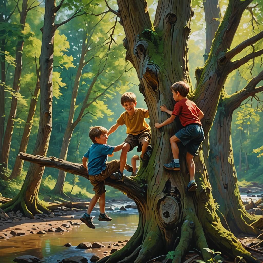 Siblings' Joyful Climb: Oil Painting in Sunlight