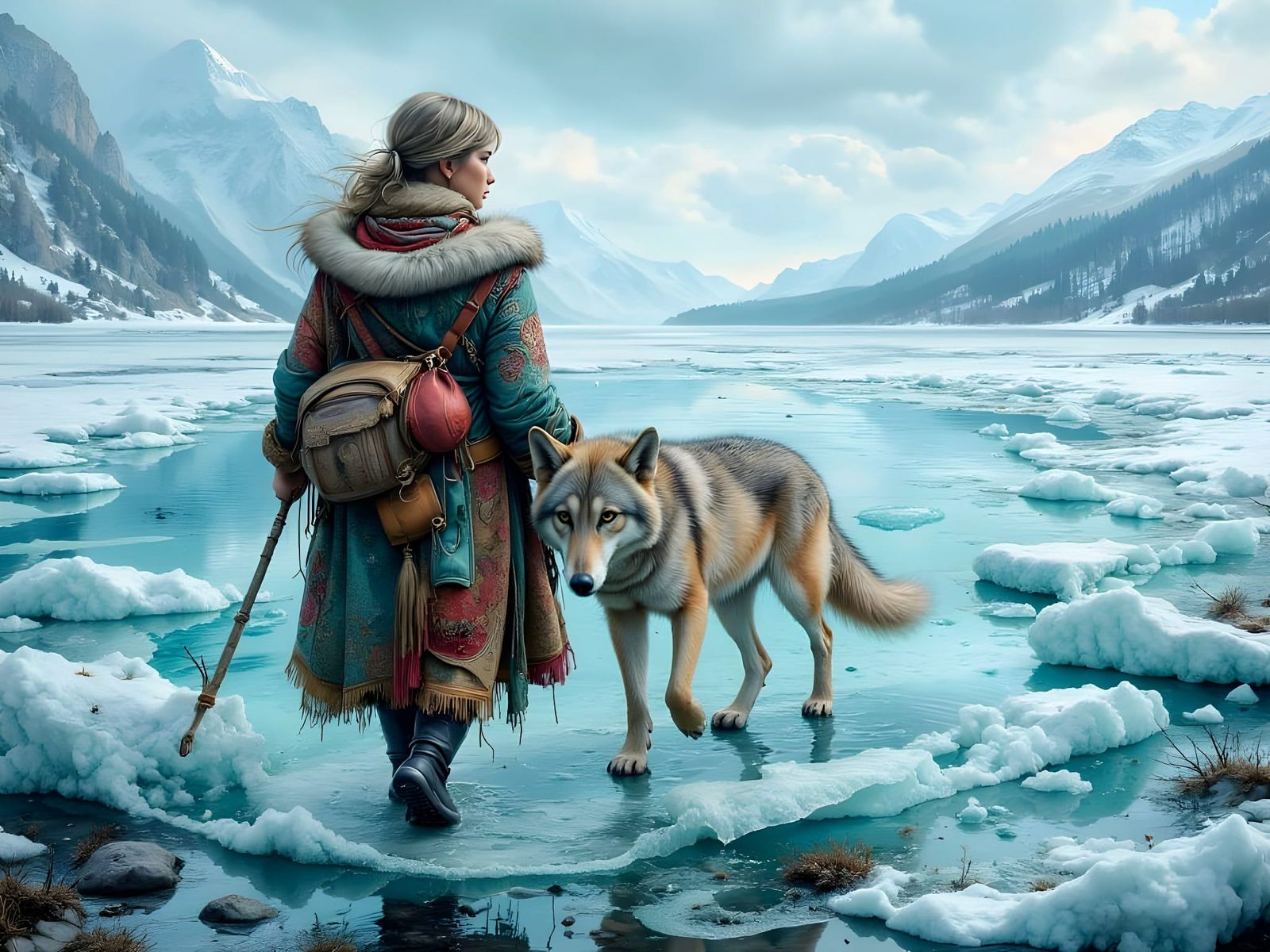 Nomadic Woman and Wolf on Frozen Lake, Oil Painting