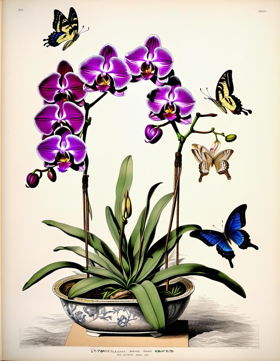 Zygopetalum Orchids and Butterfly in Botanical Ink