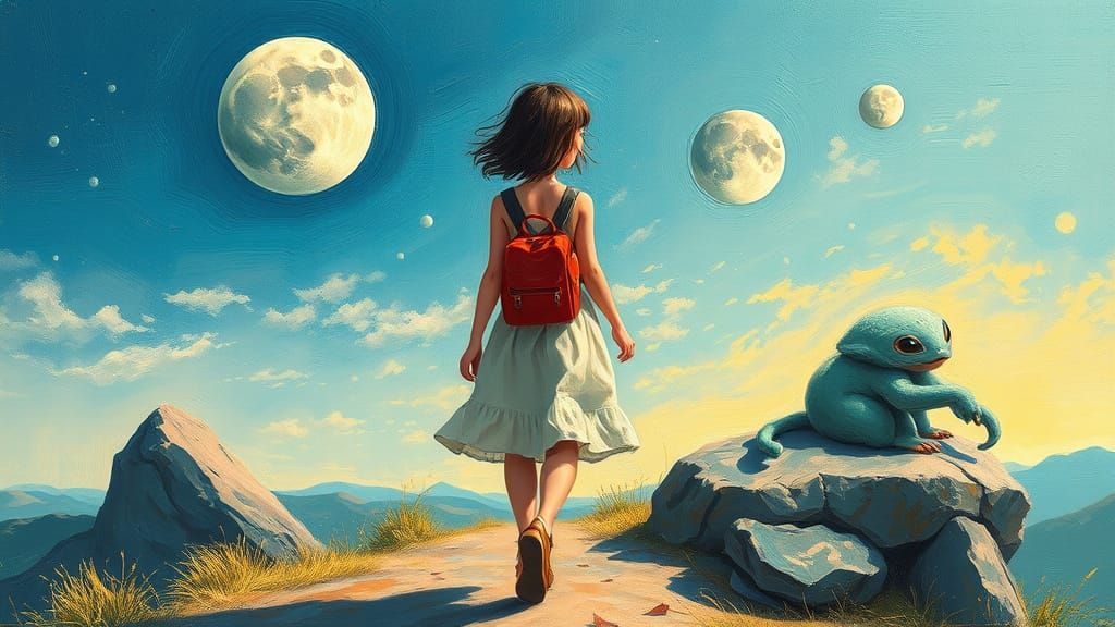 Young Lady in Dreamscape, Surrounded by Moons and Alien Comp...