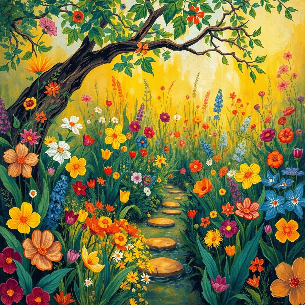 Vibrant Spring Garden in Whimsical Impressionist Style