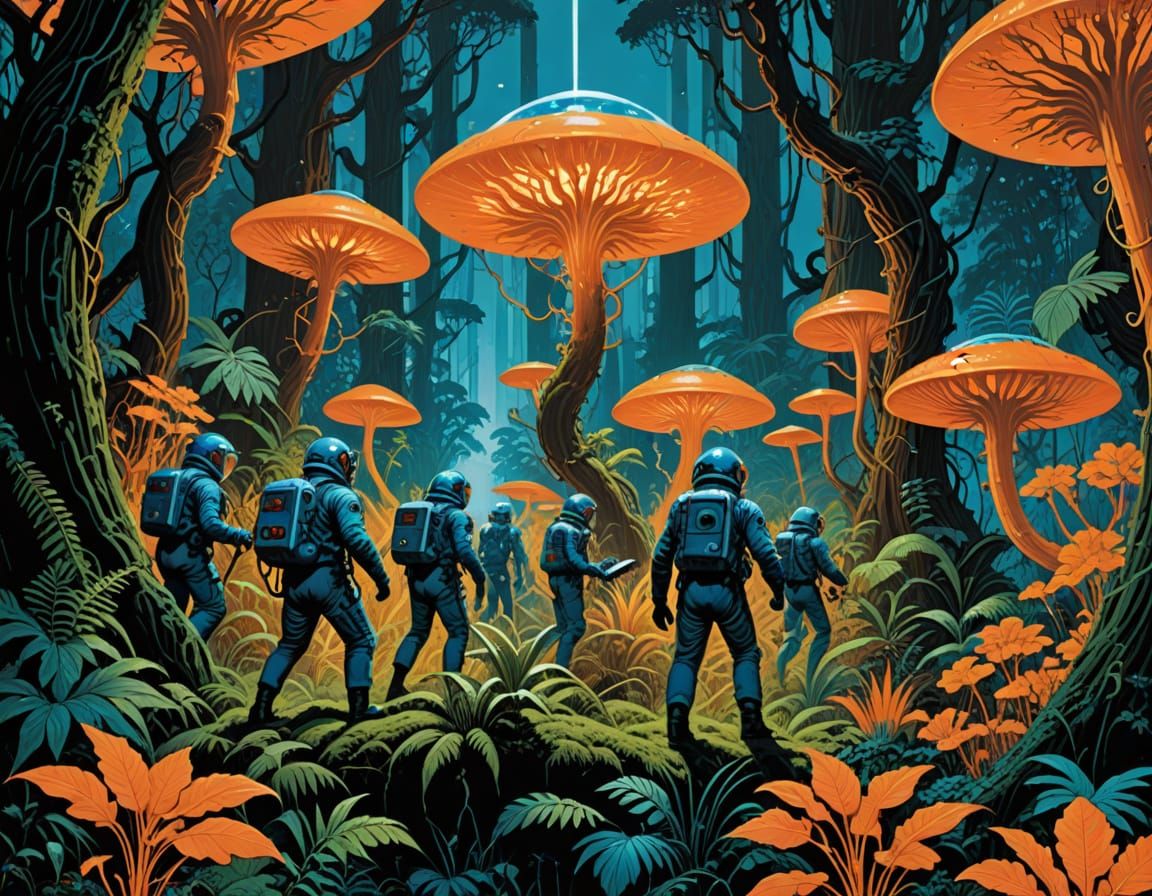 Retro Astronauts Explore Lush Alien Jungle in Electric Blue ...
