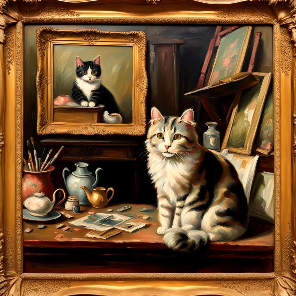 Victorian Painter Surrounded by Cat Portraits