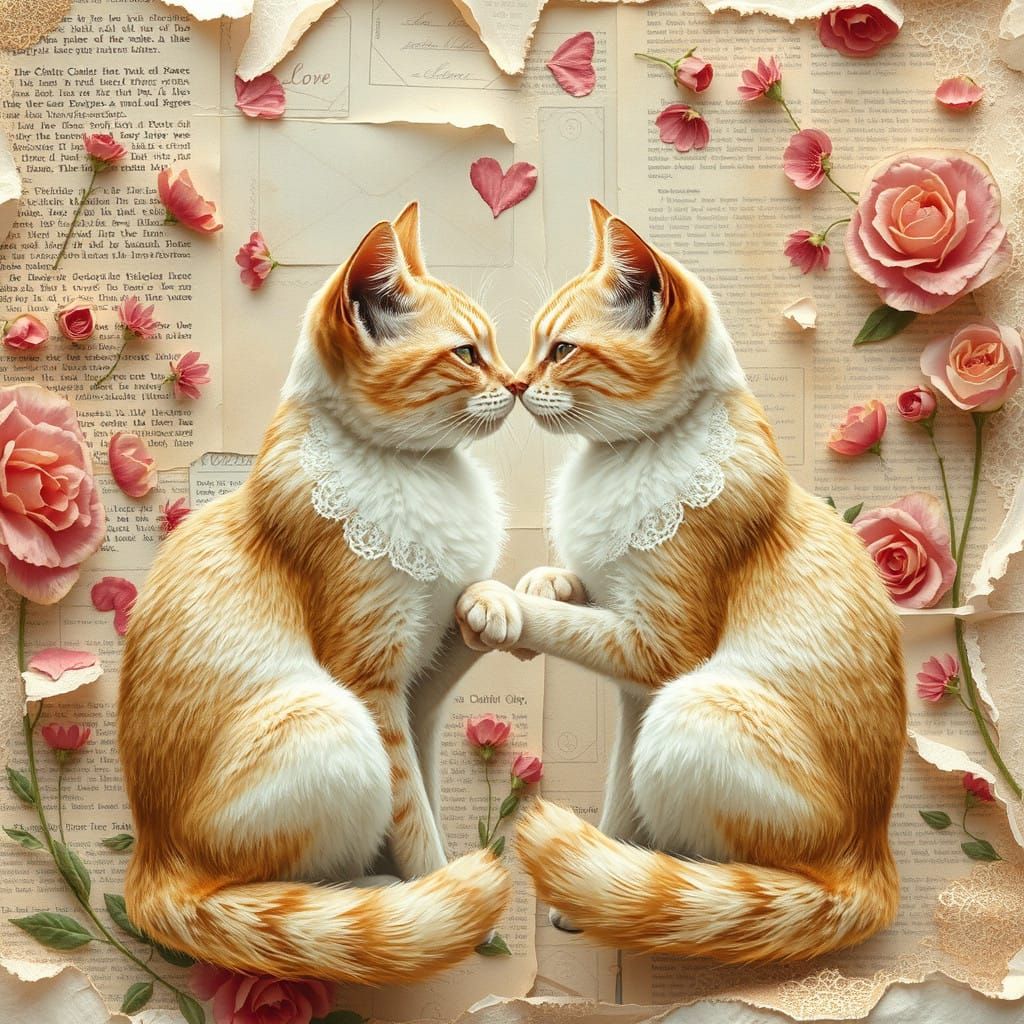 Romantic Cats Amidst Whimsical Paper Collage