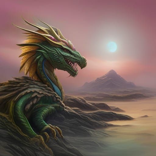 Gentle Green and Gold Dragon: Hyperrealistic Matte Painting