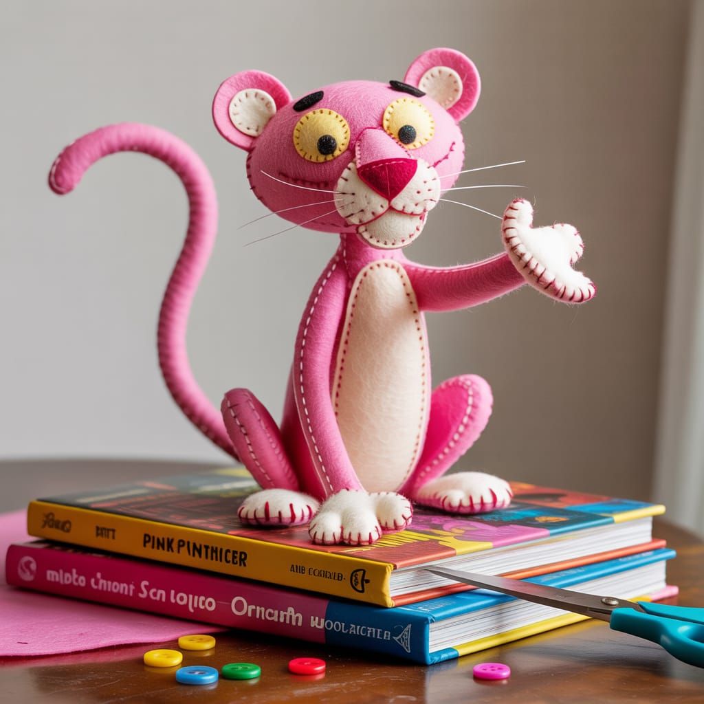 Whimsical Felted Pink Panther Sculpture